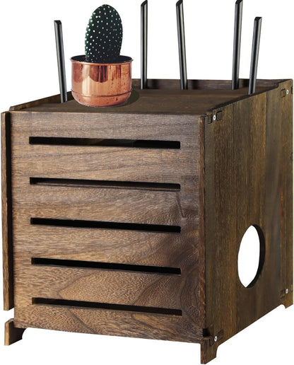 Wooden WiFi Router Storage Box Charcoal Retro Wood Router Hider Box Modem Store Boxes, Double-Layers WiFi Hiding Boxes Internet Hiders No Signal Blocking Router Cabinet Wood