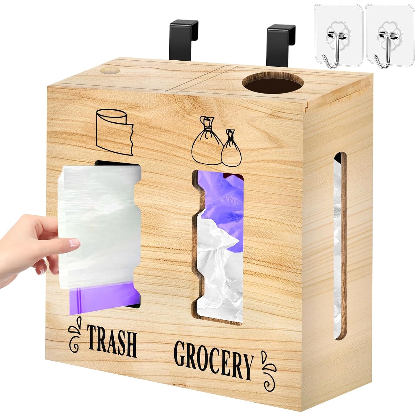 2 in 1 Trash Bag Dispenser and Grocery Bag Holder, Large Wooden Plastic Bag Holder, Wall Mount Trash Bags Holder for Grocery and Plastic Bags, Kitchen and Laundry Room Organization