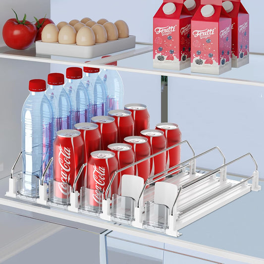 Drink Organizer for Fridge,Holds up to 25 Cans (White | Metal, Plastic)