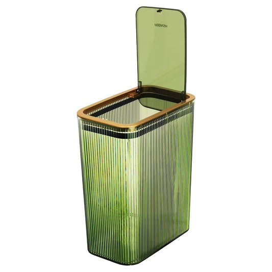 Bathroom Trash Cans with Lids, 2.6 Gallon (Green) | Garbage Can for Bedroom, Office, Plastic Slim Waste Basket with Press Top Lid, 10L Clear Trash Bin for Home, Kitchen