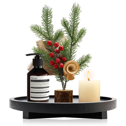 Black Round Decorative Wooden Tray for Bathroom Counter Table Trays Decor | Circle Wood Riser Kitchen Counter Soap Sink Vanity Trays Lazy Susan Candle Pedestal Stand Bandeja Decorativas Small Oil Tray