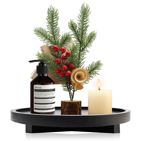 Black Round Decorative Wooden Tray for Bathroom Counter Table Trays Decor | Circle Wood Riser Kitchen Counter Soap Sink Vanity Trays Lazy Susan Candle Pedestal Stand Bandeja Decorativas Small Oil Tray