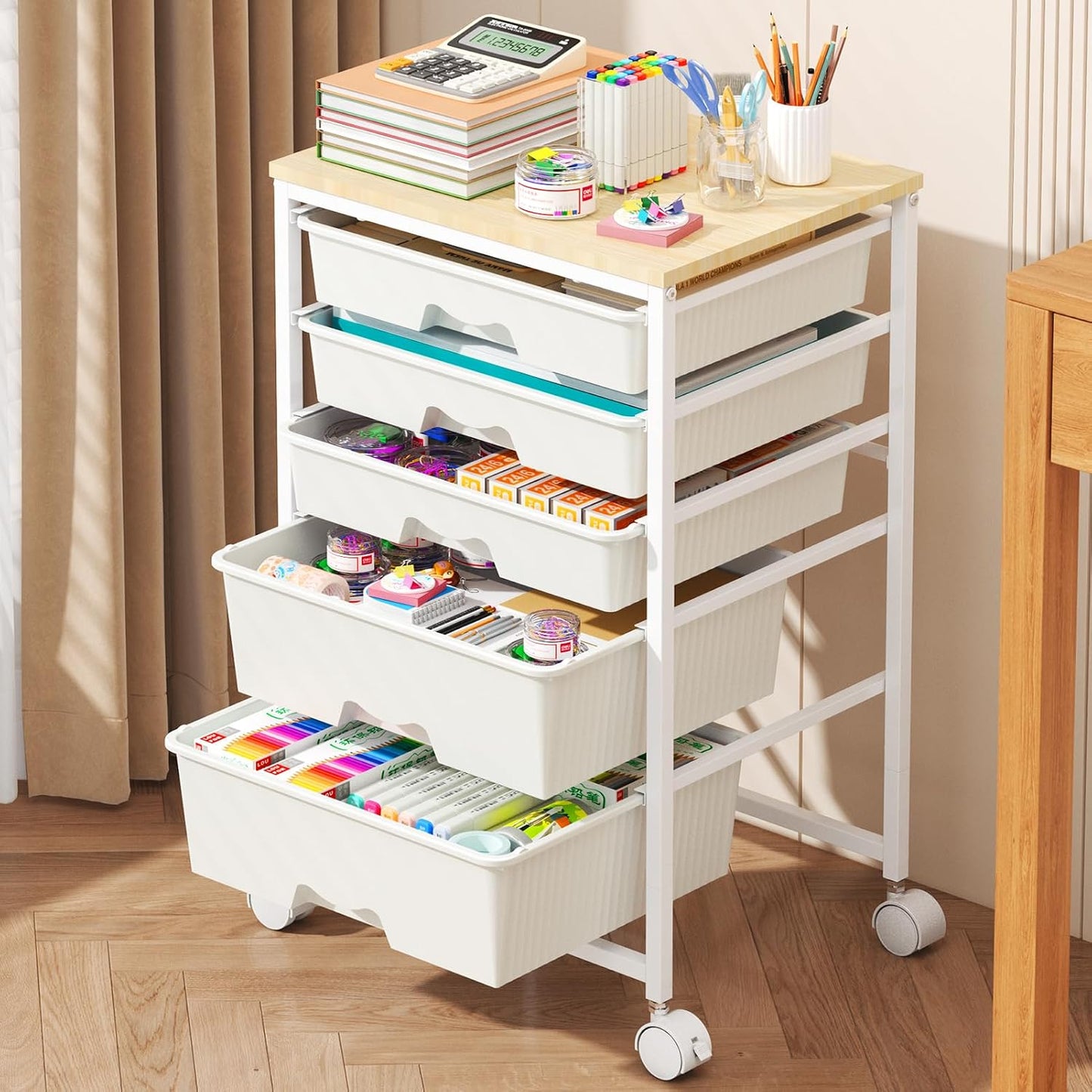 Rolling Cart with 5 Drawers for Craft, Art, Dorm, Office, White | Utility Cart Organizer With 5 Removable Drawers and Wooden Tabletop, Lockable Rolling Storage Organizer for Classroom, Home