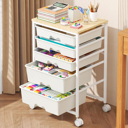 Rolling Cart with 5 Drawers for Craft, Art, Dorm, Office, White | Utility Cart Organizer With 5 Removable Drawers and Wooden Tabletop, Lockable Rolling Storage Organizer for Classroom, Home
