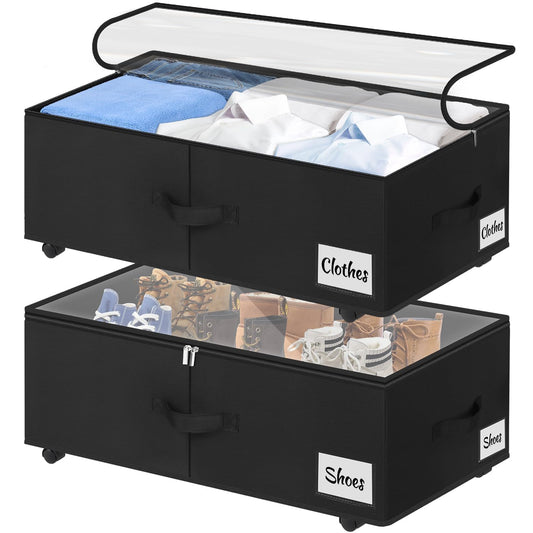 Under Bed Storage with Wheels, 2-Pack 10" Height X... (2 Count | Black-2 Pack | Linen)