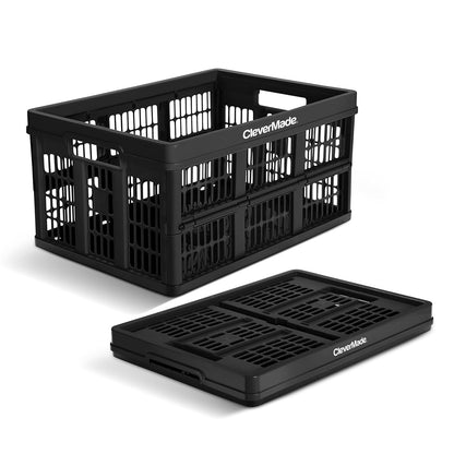 CleverMade Collapsible Utility Crate (100% Recycled) - 45L - Obsidian | Create Stackable Order for Groceries, Tools, and Gear | Each Crate Holds 66 lb, Folds Under 3 Inches, and Carries Easily