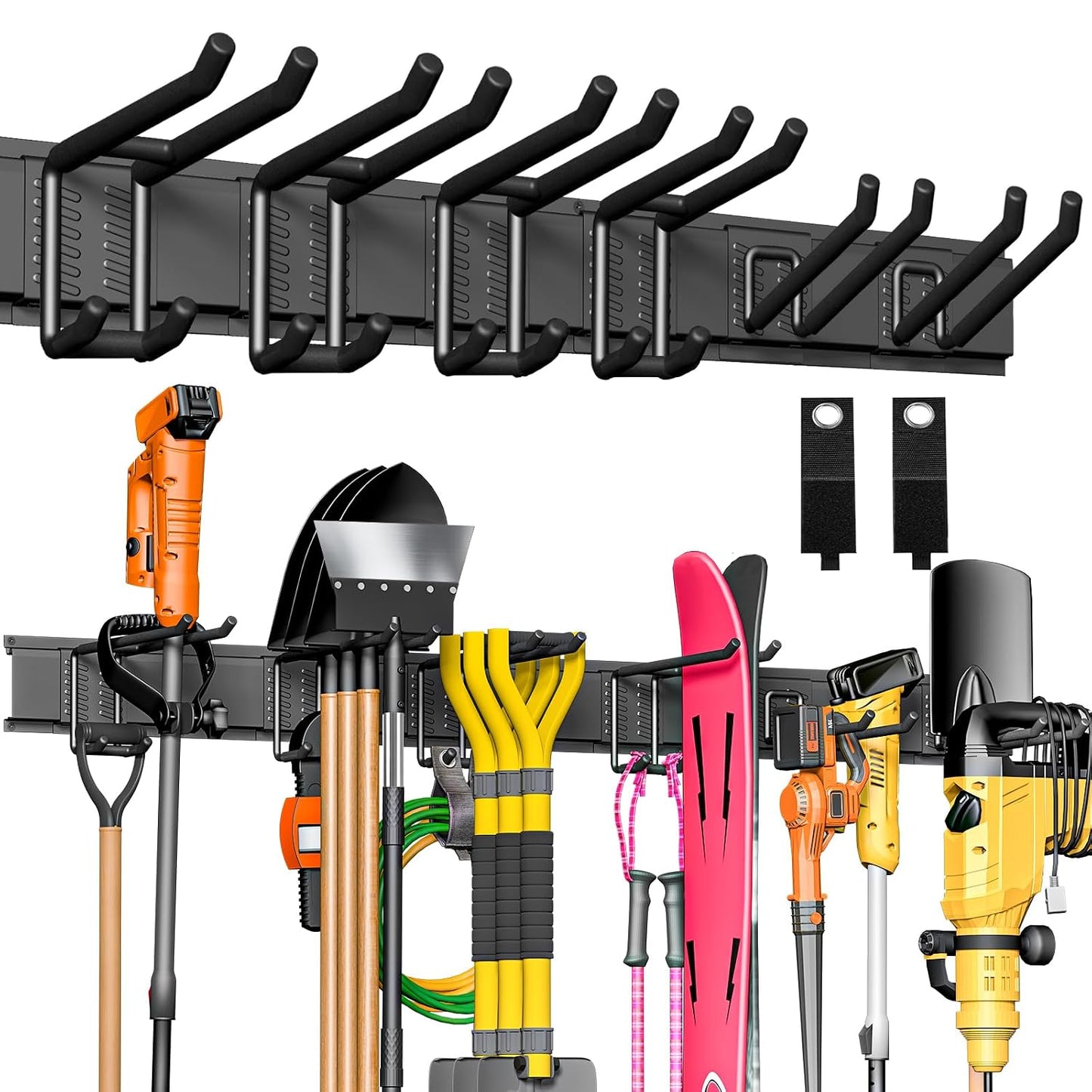 Garage Tool Organizer Wall Mount, 48" Heavy-Duty Metal Wall Organizer, 3 Rails with 6 Adjustable Hooks, Garden Storage Rack for Organization Sturdy Tool Hanging Holder for Shovel Shed Yard