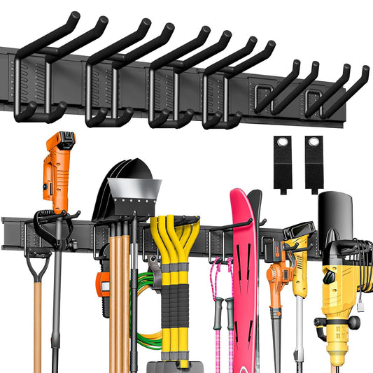 Garage Tool Organizer Wall Mount, 48" Heavy-Duty Metal Wall Organizer, 3 Rails with 6 Adjustable Hooks, Garden Storage Rack for Organization Sturdy Tool Hanging Holder for Shovel Shed Yard