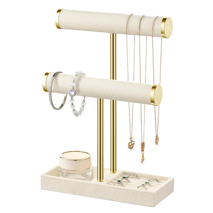 bussdis 2 Tier Bracelet Holder Display, Necklace Holder Organizer, Beige | Velvet Necklace Holder | Jewelry Tree | Jewelry Towers | Jewelry Stand Organizer for Necklaces, Bracelets, Earrings, Rings