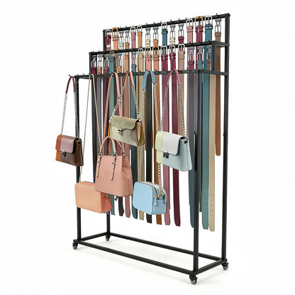 3-Tier Rolling Belt & Tie Storage Display Rack | 42 storage hooks, mobile wheeled design, black metal rack for belts ties bags retail shop display