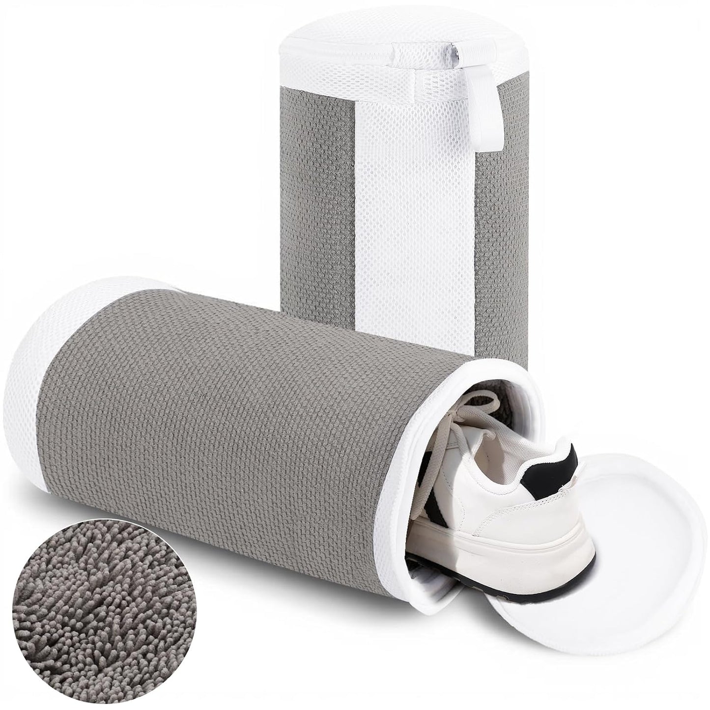 2 PCS Shoe Washing Machine Bags for Washer and Dryer, Grey + White | Reusable Laundry Shoe Bag, Hands Free, Hidden Self-locking Zipper, 360° Deep Cleaning, For Sneakers and All Shoes Types