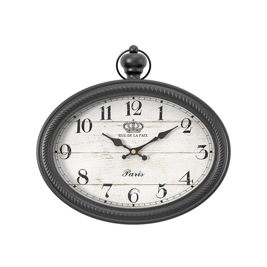 Retro Oval Wall Clock. Black Vintage Antique Style | Battery Operated Decor Wall Clocks for Farmhouse, Living Room,Kitchen,Bedroom,Bathroom (10.5" H x 11.3" W)