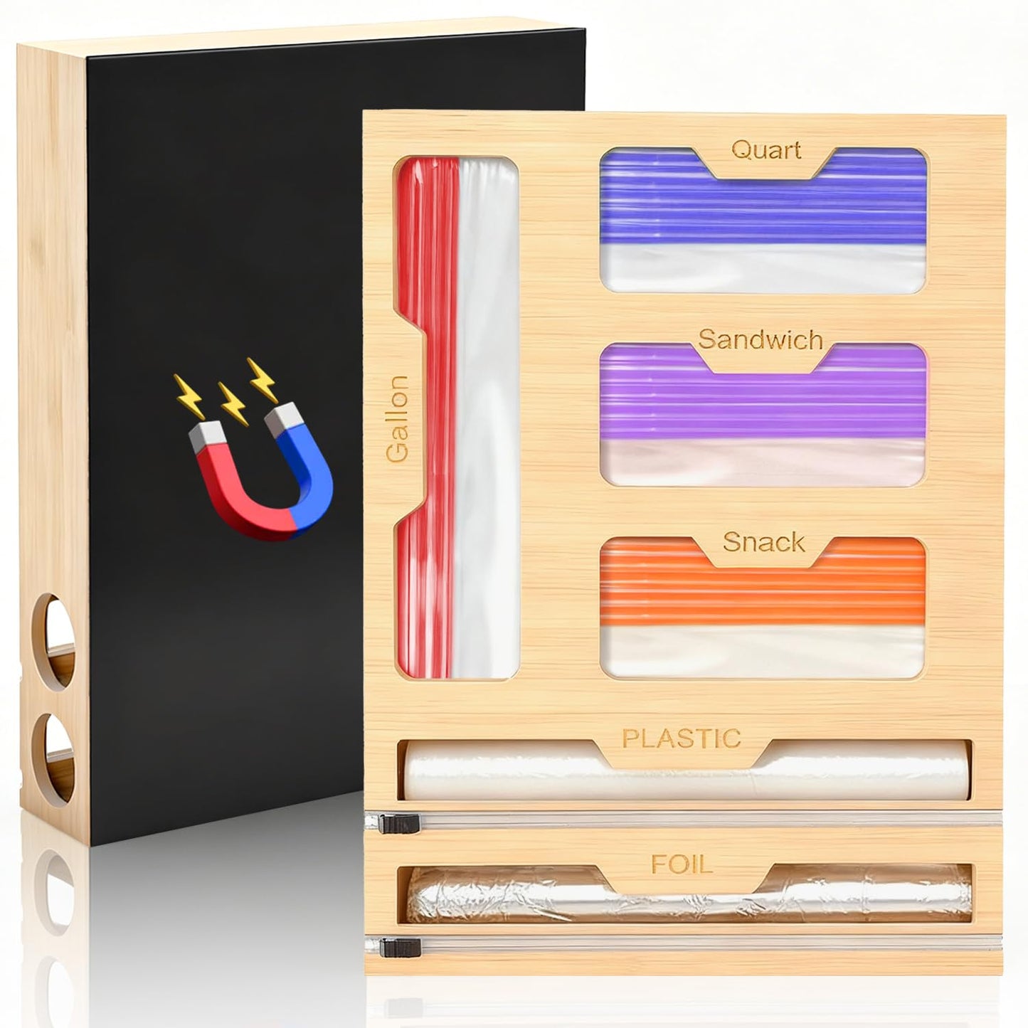 6-in-1 Magnetic Food Bag Storage Organizer for Drawer and Refrigerator, Bamboo Bag Organizer and Plastic Wrap Dispenser with Cutter, Fits Gallon, Quart, Sandwich, Snack Bags