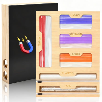 6-in-1 Magnetic Food Bag Storage Organizer for Drawer and Refrigerator, Bamboo Bag Organizer and Plastic Wrap Dispenser with Cutter, Fits Gallon, Quart, Sandwich, Snack Bags