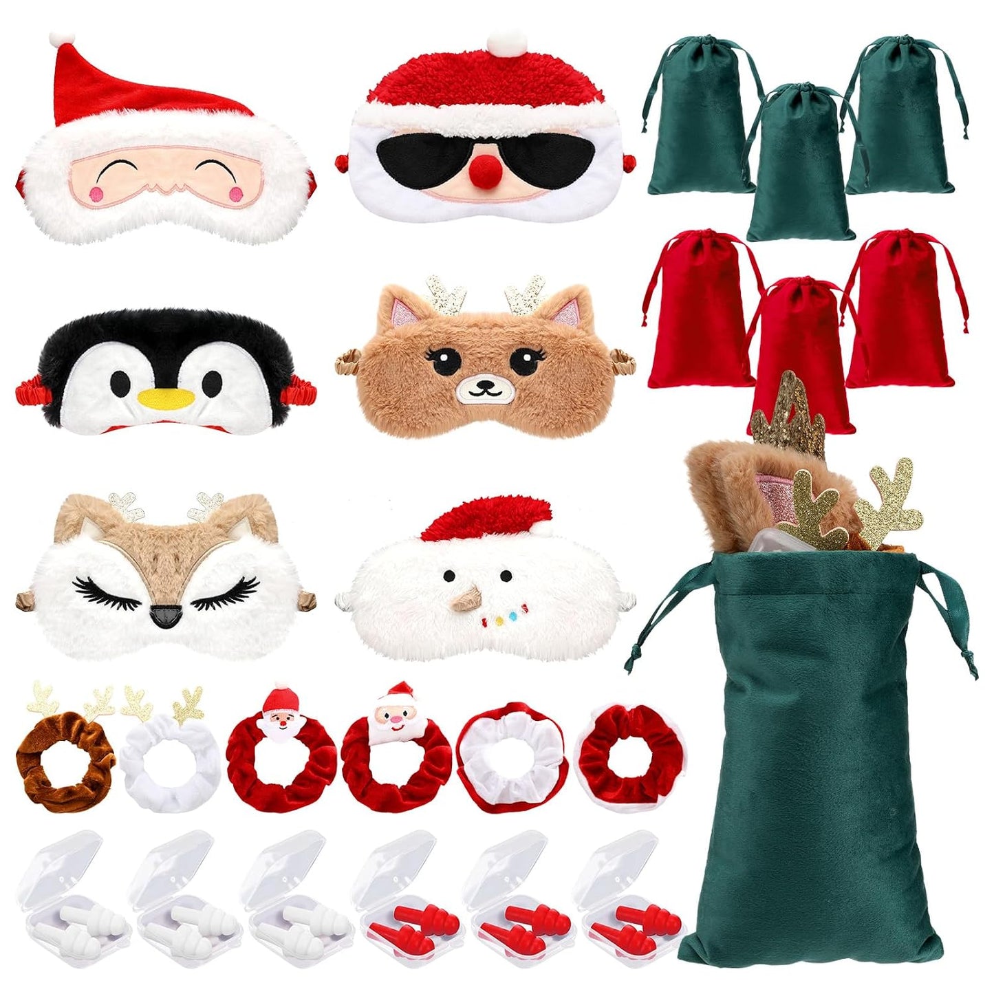 Chicingyou 6 Set Christmas Sleep Mask with Satin Travel Bag Eye Mask Gift for Christmas Elastic Scrunchie Ear Plugs Plush Eye Cover Cartoon Animal Blindfold for Xmas Party Favor Home Bed Traveling