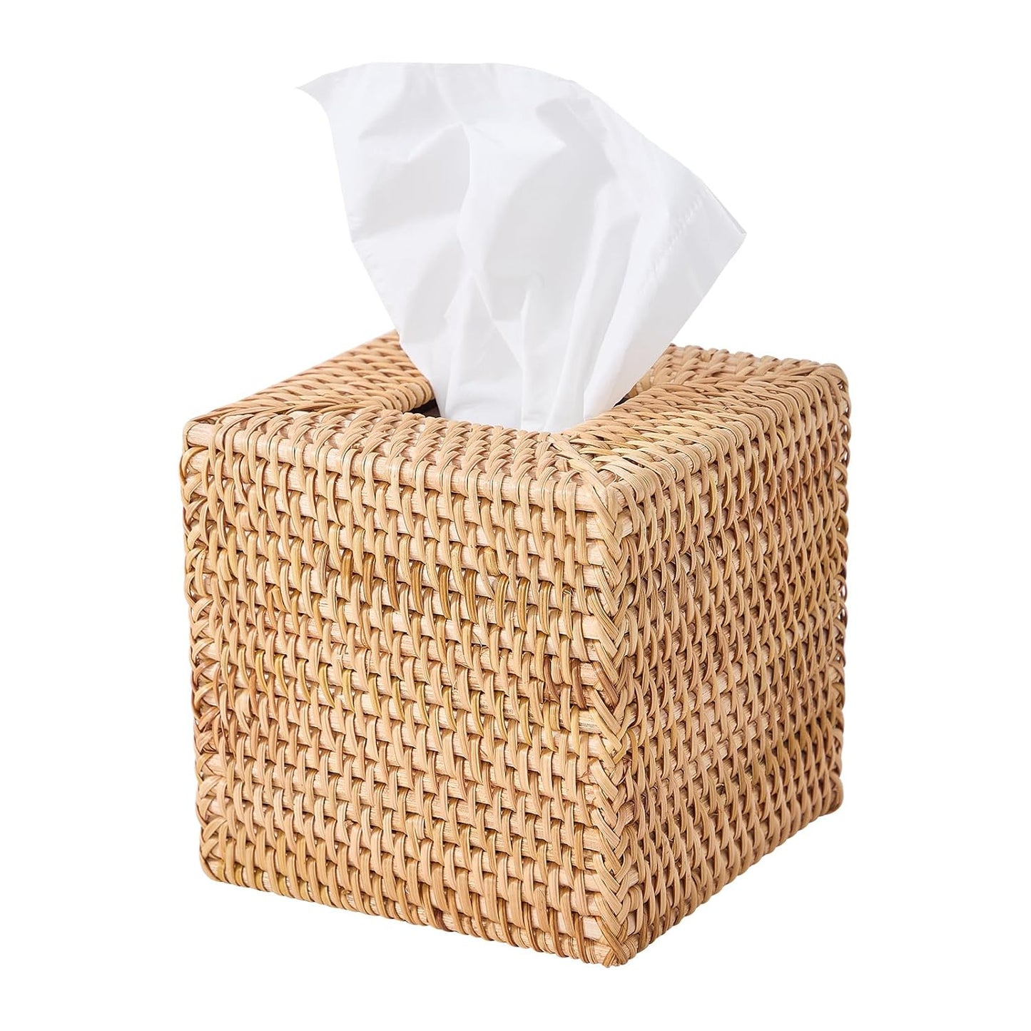 Hand-Woven Rattan Tissue Box Cover, Square Wicker Tissue Holder, Natural Woven Facial Napkin Holder
