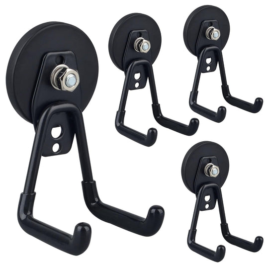 Heavy Duty Magnetic Garage Hooks,4 Pack Strong Large Magnet Hook for Power Drill,Garden Tools,Hose,Pegboard,Garage, Workshop,Magnetic Storage Hooks for Indoor Outdoor Hanging(Black)