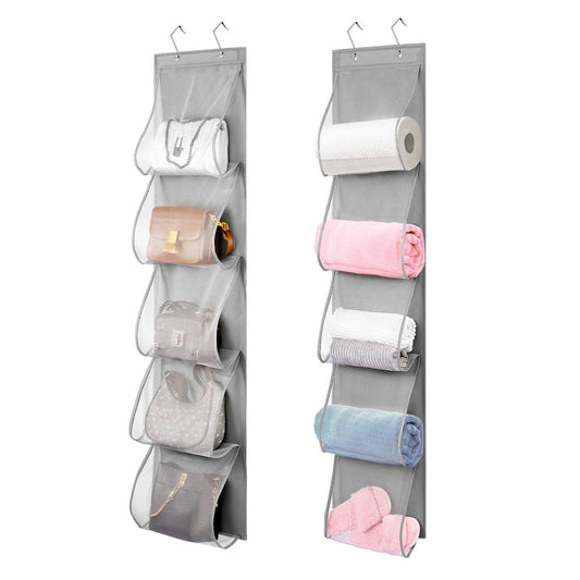 2 Pack Over the Door Hanging Vinyl Organizer Embroidery Stabilizer Holder Purse Storage for Closet Bath Towel Hanger Scarf Container 5 Large Pockets (One Side)