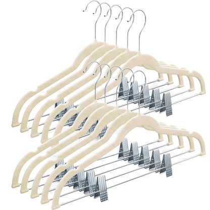 Home-it 10 Pack Velvet Hangers with Clips - Ivory Pants & Skirt Hangers - Ultra Thin No Slip Space-Saving for Pants, Skirts, Coats, Dresses, Tank Tops, Clothes