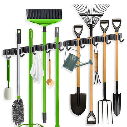 ZONGOOL 2 Pack Mop Broom Holder Wall Mount 4 Racks 5 Hooks Storage Black | 304 Rustproof Stainless Steel Broom Hanger, Non-Slip Wall Mount Organizer, Space Saving For Kitchen, Laundry, Garden