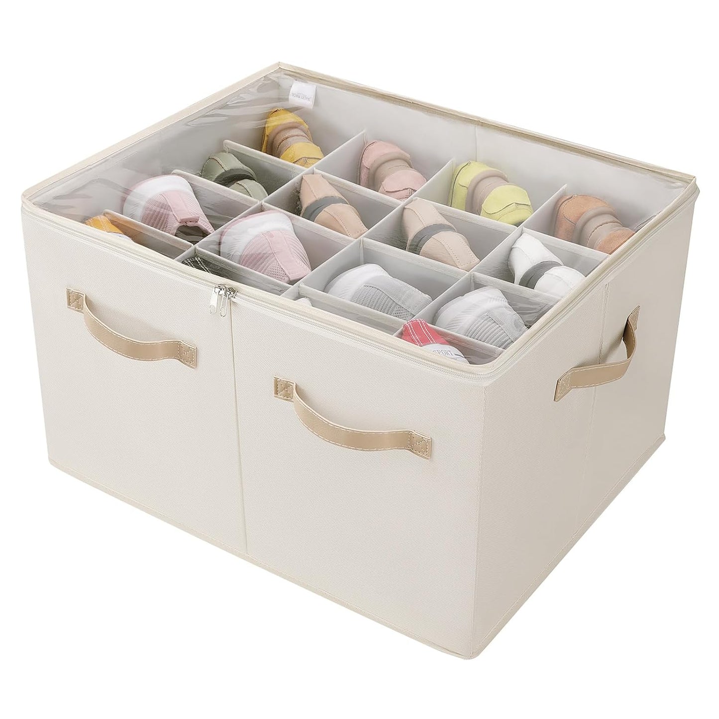 Shoe Organizer for Closet, Foldable Shoe Box with Adjustable Dividers and Clear Cover, Space Saving Shoe Storage Organizer Cabinet with Reinforced Handles, Fits 16 Pairs, Beige TP09Y