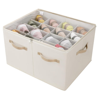 Shoe Organizer for Closet, Foldable Shoe Box with Adjustable Dividers and Clear Cover, Space Saving Shoe Storage Organizer Cabinet with Reinforced Handles, Fits 16 Pairs, Beige TP09Y