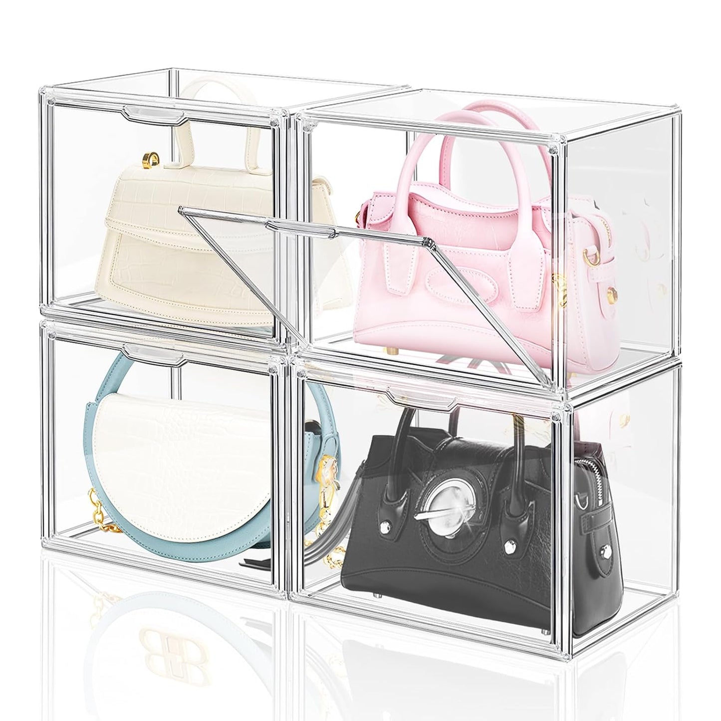 4 Packs Clear Plastic Handbag Storage Organizer for Closet Small | Acrylic Display Box for Handbag, Stackable Storage Boxes Bag Organizer with Magnetic Door for Purse Clutch Wallet Book