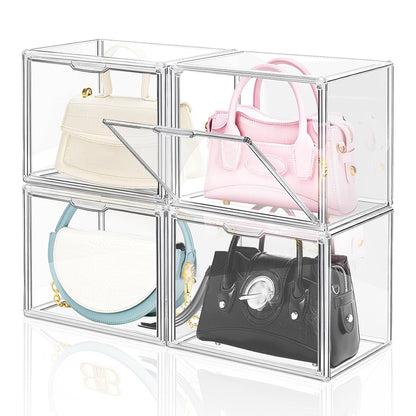 4 Packs Clear Plastic Handbag Storage Organizer for Closet Small | Acrylic Display Box for Handbag, Stackable Storage Boxes Bag Organizer with Magnetic Door for Purse Clutch Wallet Book