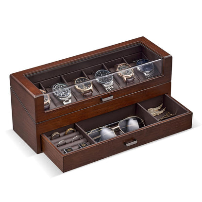 ProCase High End Wooden Watch Box for Men, 2-Layer Wood Watch Display Case Men's Jewelry Organizer Box with Drawer -6 Slot, Walnut