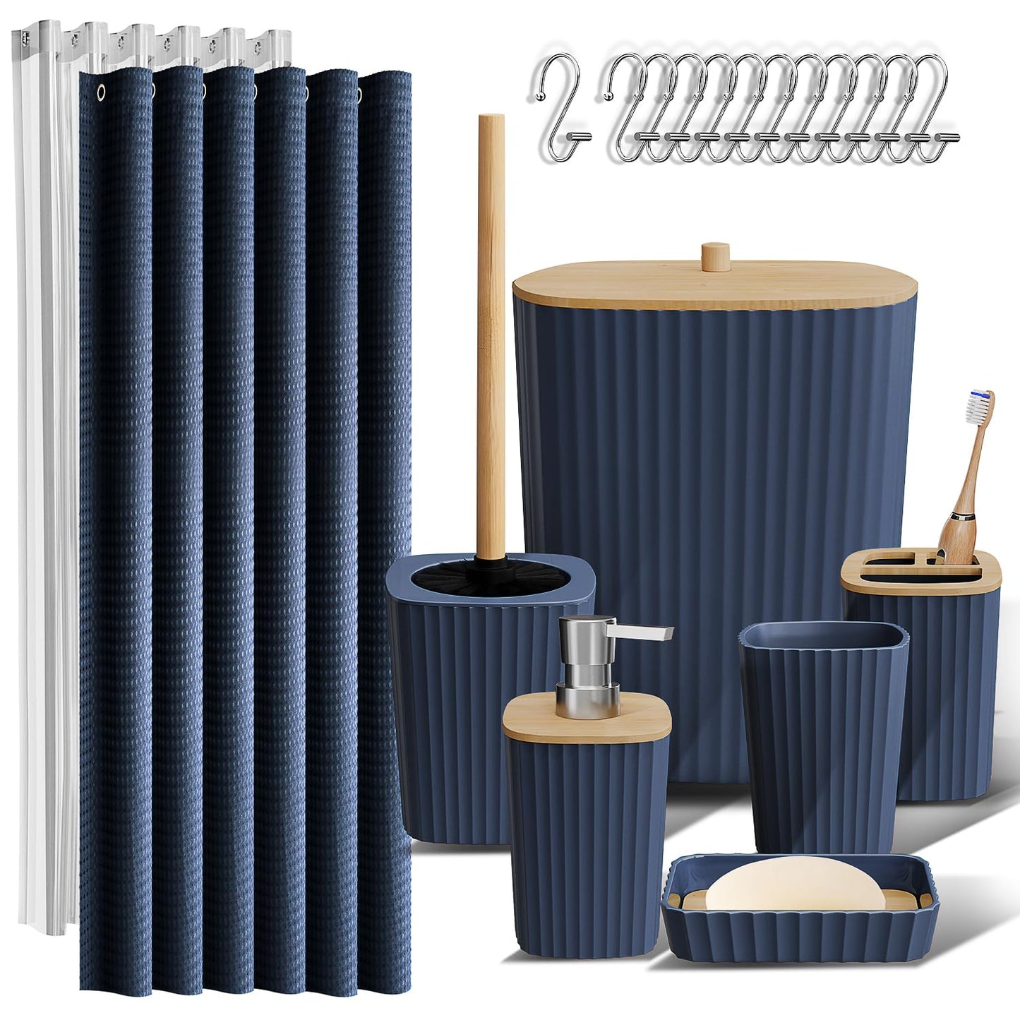 Clara Clark Bathroom Set, Shower Curtain Set, Bathroom Accessory Set | 20 Piece Navy Blue Bathroom Accessories Set with Toothbrush Holder, Soap Dispenser, Soap Dish, Toilet Brush, and Trash Can