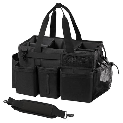 SCAVATA Wearable Cleaning Caddy Organizer with Handle & Shoulder Straps for Housekeepers, Under Sink & Car Cleaning Tool Organizer Bag with 4 Foldable Dividers (Black)