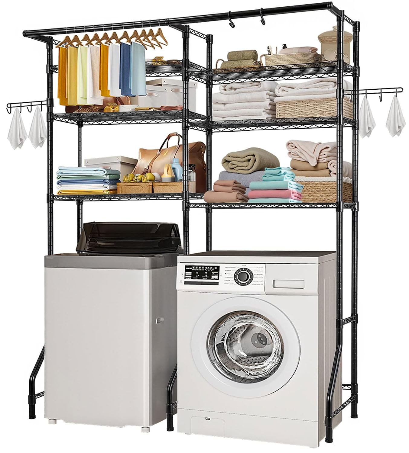 VEVOR Over Washer and Dryer Storage Shelves, 6 Tiers Laundry Room Drying Rack with Hanger Rod and Hooks, Two Rows Adjustable Washer Shelves Space Saver, for Laundry Room Storage & Organization, Black