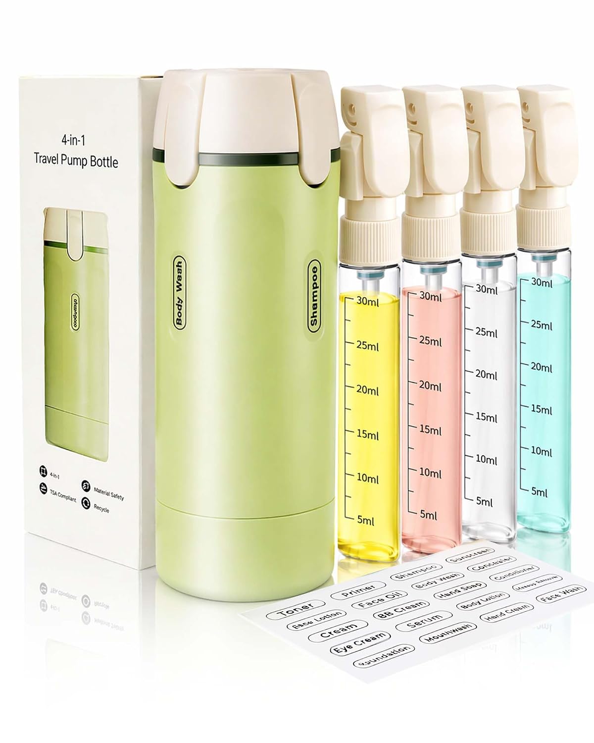 4 in 1 Travel Dispenser Bottle, TSA Approved Leak Proof Refillable Toiletry Containers for Shampoo, Conditioner, Lotion & Skincare – Easy Clean Travel Bottles for Gym, Business