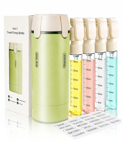 4 in 1 Travel Dispenser Bottle, TSA Approved Leak Proof Refillable Toiletry Containers for Shampoo, Conditioner, Lotion & Skincare – Easy Clean Travel Bottles for Gym, Business
