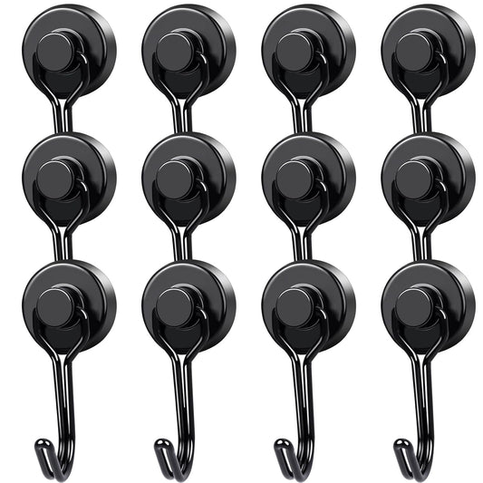 Magnetic Hooks 12 Pack 40Lbs Heavy Duty Neodymium Magnet Hooks | Black Magnetic Swivel Hooks for Hanging Rust Proof Strong Magnets with Hook Magnetic Metal Hanger for Storage