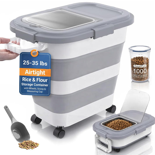 Collapsible Rice Storage Container 25–35 lbs, Airtight, Space-Saving Food Storage Bin with Wheels and Measuring Cup, Easy-Pour Grain Dispenser for Rice, Flour and Pet Food