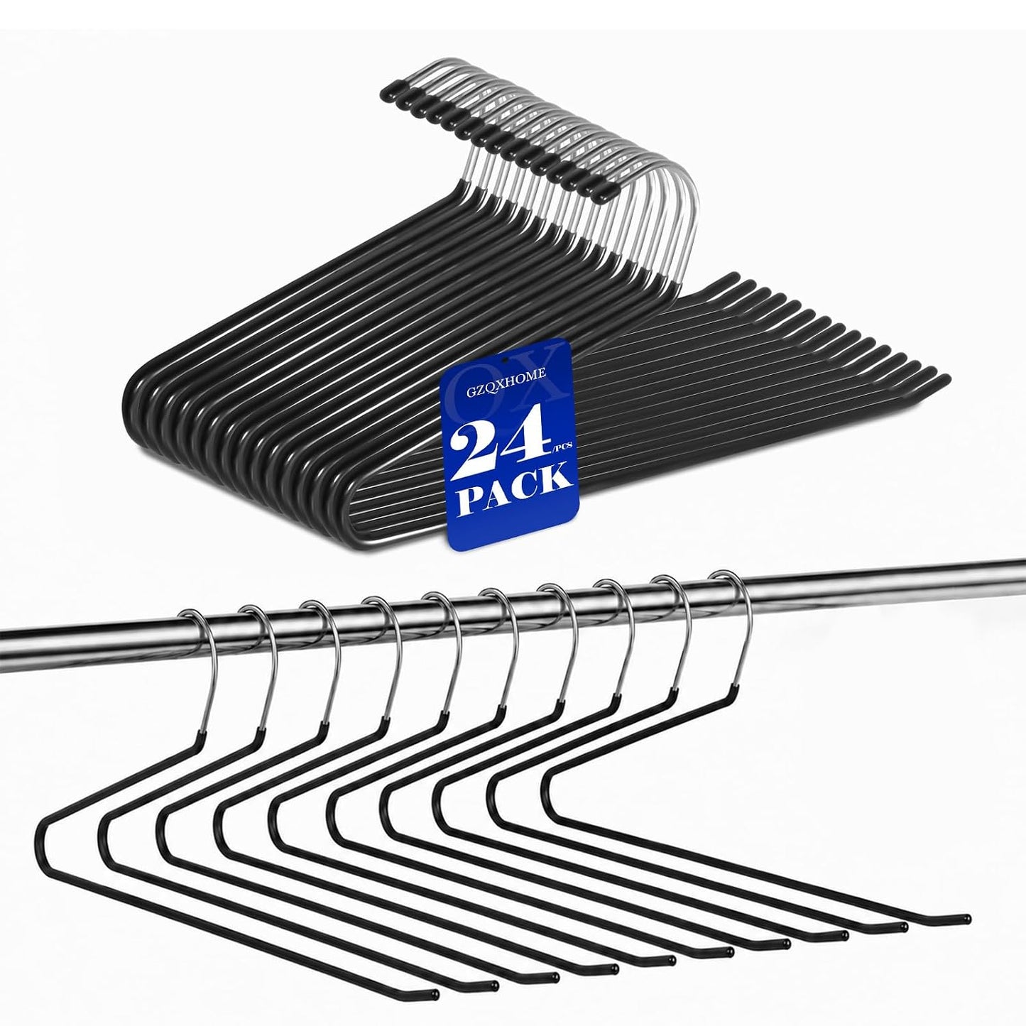 Pants Hangers-24 Pack Non-Slip Open-End Pants Hangers with Rubber Coating, Space-Saving Heavy-Duty Metal Hanger (24, Black)