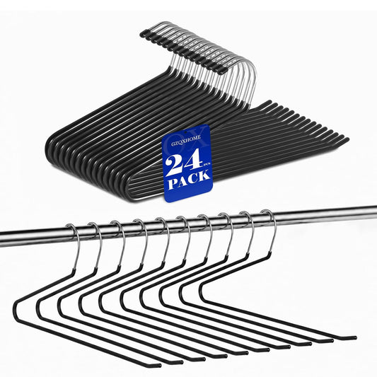 Pants Hangers-24 Pack Non-Slip Open-End Pants Hangers with Rubber Coating, Space-Saving Heavy-Duty Metal Hanger (24, Black)