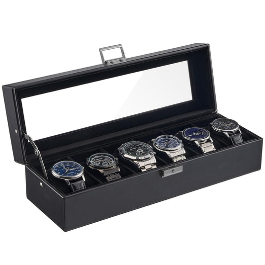 ProCase 6 Slots Watch Case Box for Men -AllBlack | PU Leather Man Watch Organizer, Soft Pillow, Lockable Glass Display Lid, Storage Holder for Watch Collection