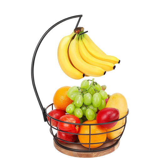 Countertop Fruit Basket Bowl with Banana Hanger, M... (Black | Metal, Wood)