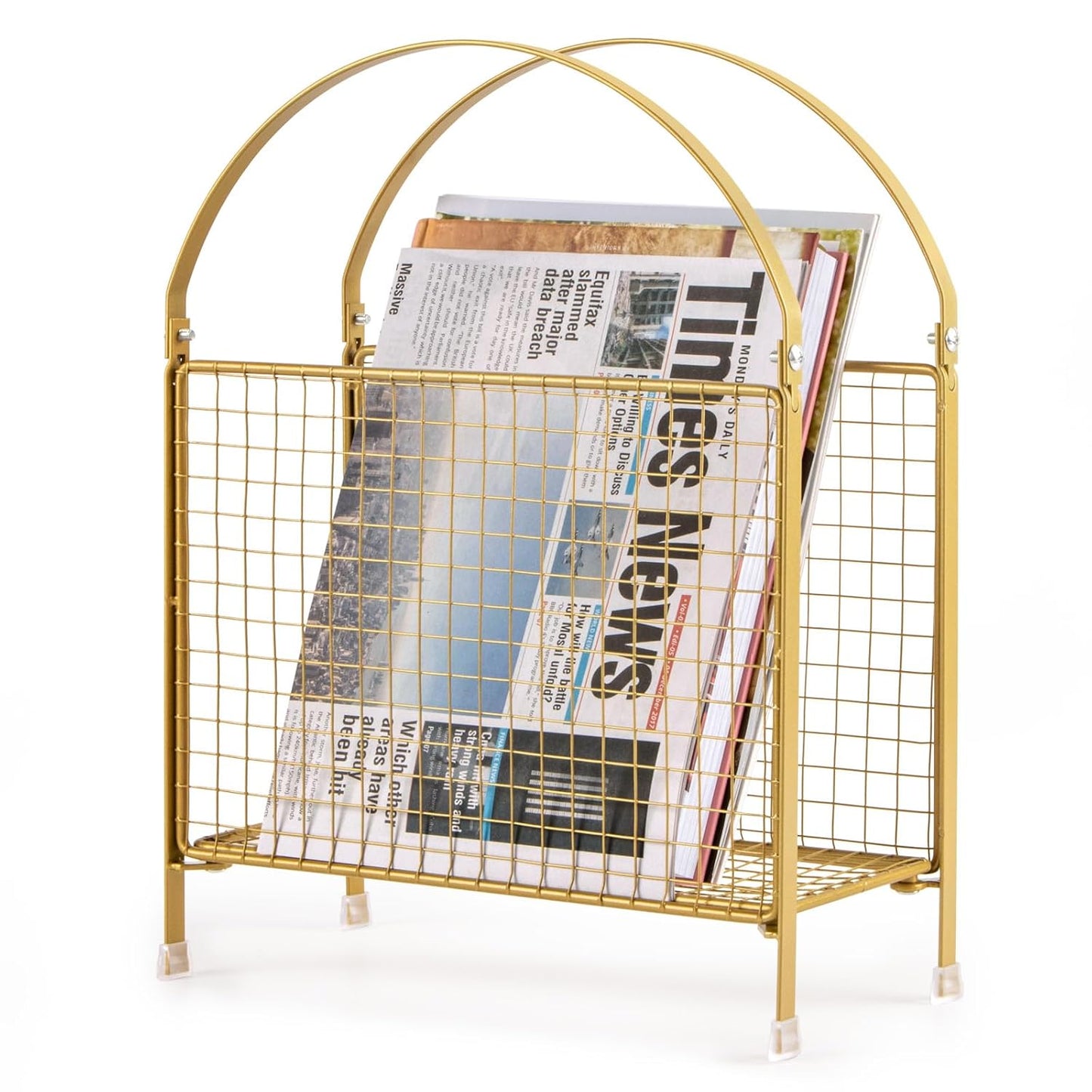 Freestanding Magazine Holder, Metal Magazine Rack Floor Stand | Modern Touch Handbag Design, for Magazine, Newspaper, Books, Vinyl Record (Gold)