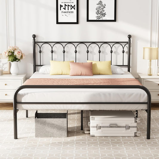 DUMOS Full Size Bed Frame Heavy Duty Metal Platform with 11.9" Under-Bed Storage, Heavy Duty Steel Slat Support with Iron-Art Headboard, No Box Spring Needed, Noise-Free, Modern Black