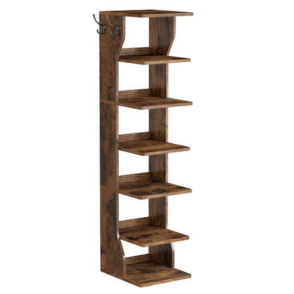 VASAGLE 7-Tier Vertical Shoe Rack, Narrow Shoe Storage Organizer with Hooks, Slim Corner Tower Shelf, Space-Saving for Entryway and Bedroom, Rustic Brown ULBS200KD01