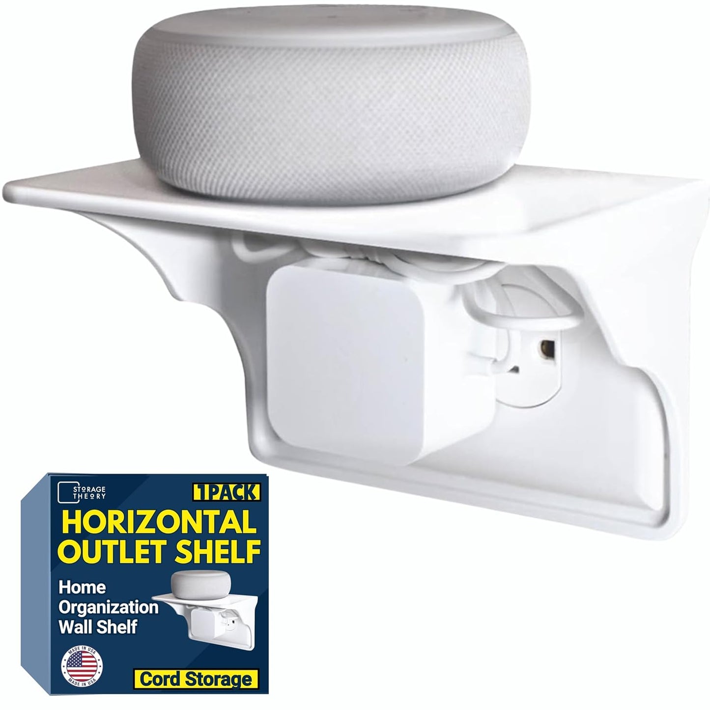 Power Perch Horizontal Outlet Shelf Organizer for Alexa Echo Dot Speakers, Phone - Wall Outlet Holder with Cord Storage Strap - Socket Shelf Bathroom Kitchen Counter Charging Station - White 1 Pack