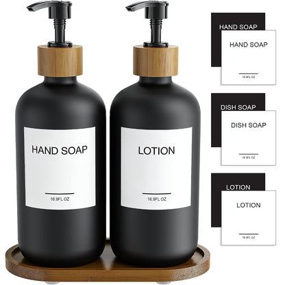 MASADI Black Soap Dispenser Set with Tray, Dish and Hand soap Lotion Dispenser Set with Wooden Pump for Kitchen and Bathroom Decor for Counter, Modern Vintage Liquid Soap Dispensers