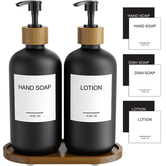 MASADI Black Soap Dispenser Set with Tray, Dish and Hand soap Lotion Dispenser Set with Wooden Pump for Kitchen and Bathroom Decor for Counter, Modern Vintage Liquid Soap Dispensers