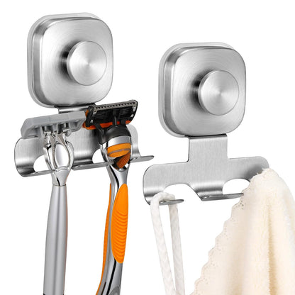 Razor Holder for Shower, 15 LB Suction Cup for Glass Door & Tile, Rustproof Stainless Steel Shaver & Loofah Hanger, No Drill Bathroom Hook for Renters & Dorm, Space Saving (2, Brushed Nickel)