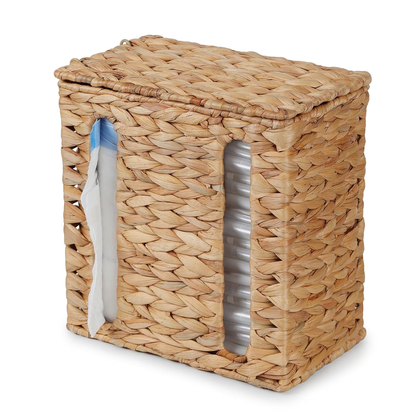 YANGQIHOME Water Hyacinth Trash Bag Dispenser with Lid | Plastic Bag Holder, Grocery Bag Holder, For Kitchen, Cabinet and Countertop, 2 Slots