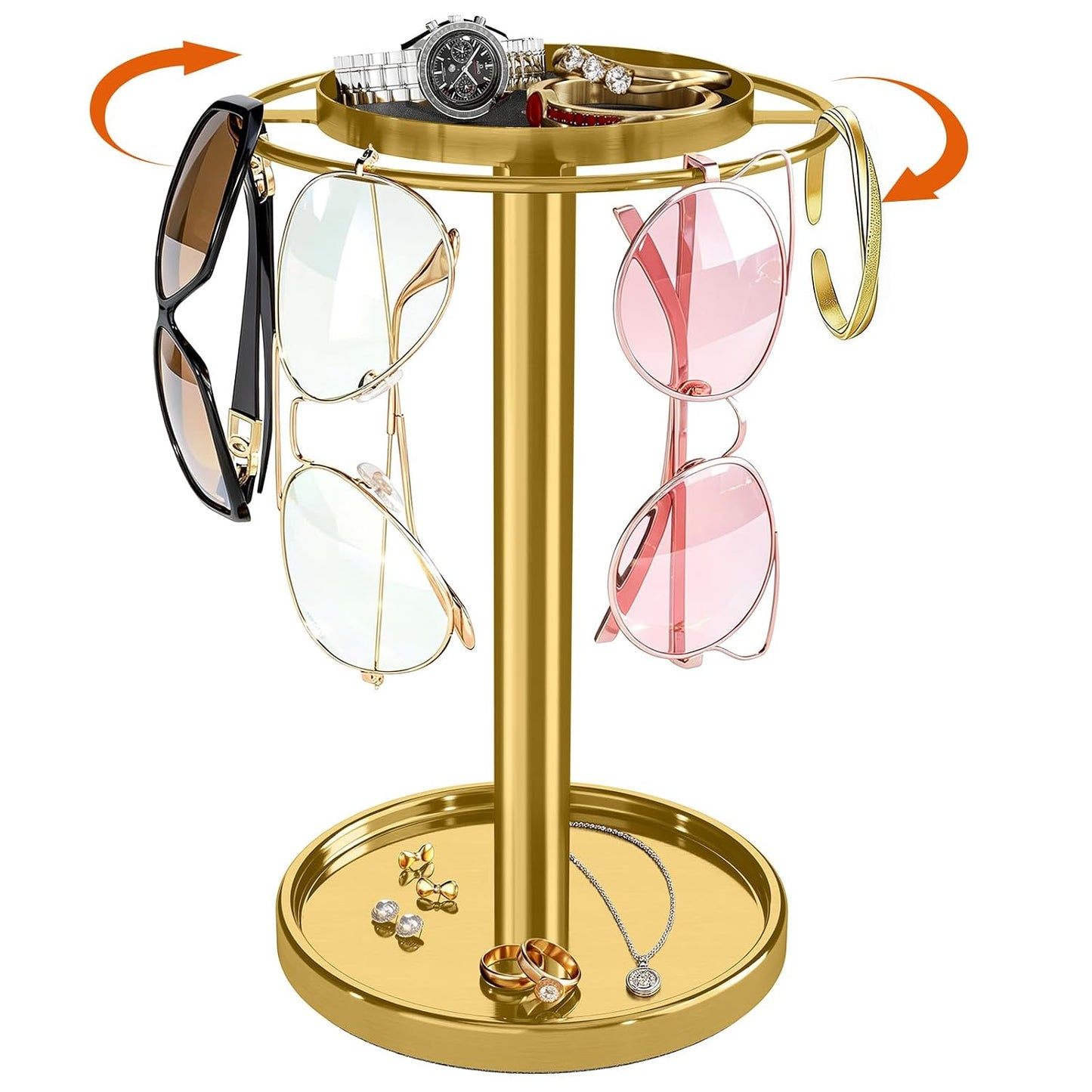 360° Rotating Sunglasses Organizer, Glasses Holder with Organizer Tray | Stainless Steel Eyeglasses Holder with Storage Base for Dresser, Desk Table, Nightstand & Home Decor, Gold