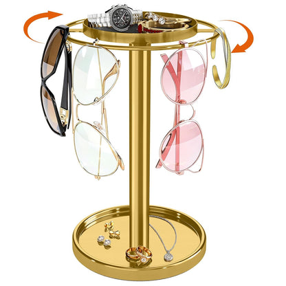 360° Rotating Sunglasses Organizer, Glasses Holder with Organizer Tray | Stainless Steel Eyeglasses Holder with Storage Base for Dresser, Desk Table, Nightstand & Home Decor, Gold